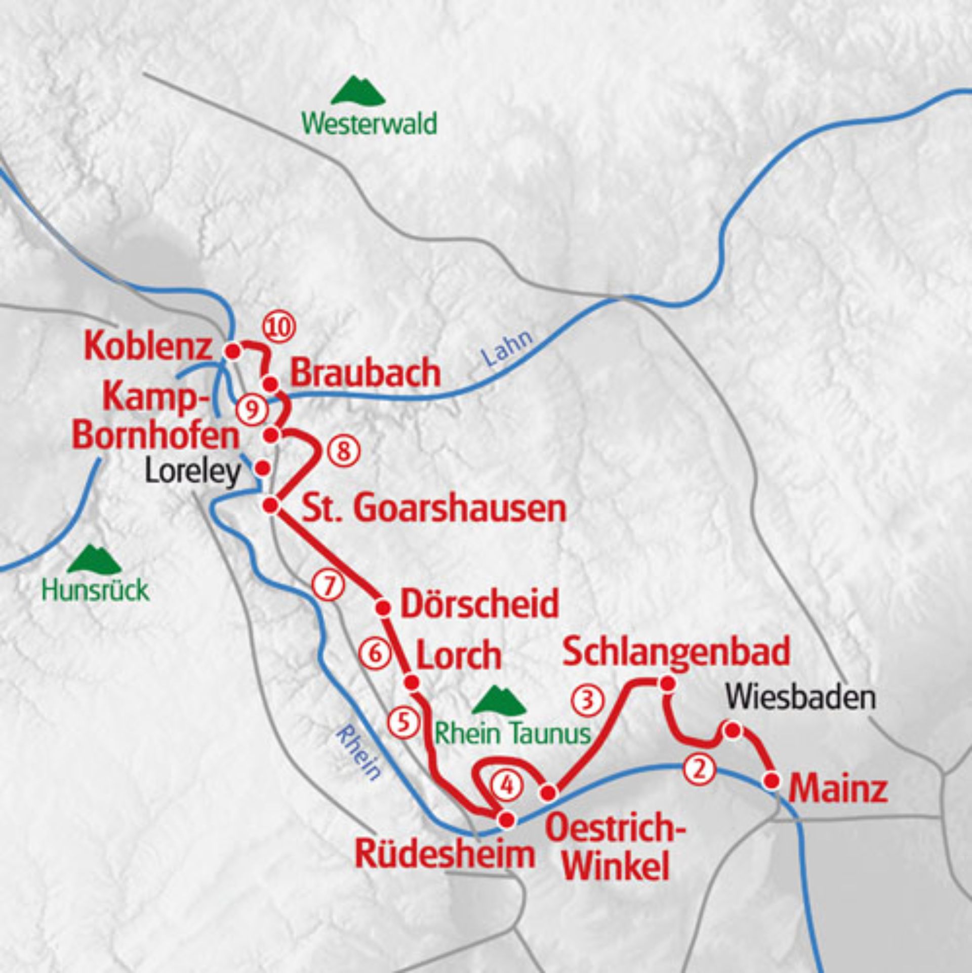 ルートマップ ドイツ ラインシュタイク10泊11日マインツ〜コブレンツ